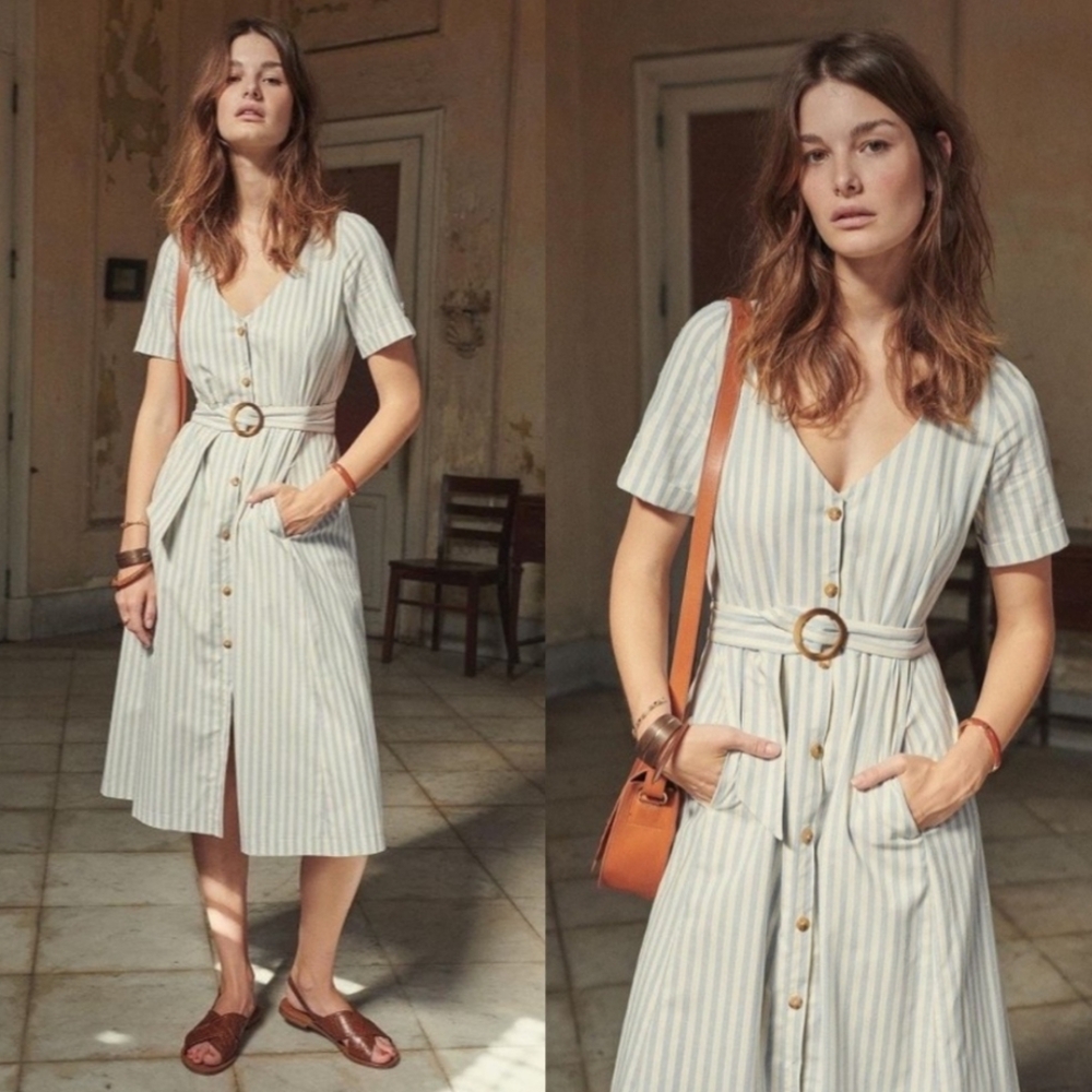 Sezane Marianne Robe 2019 Blue Striped Button-Down Dress with Belt